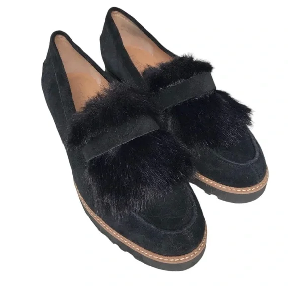 Women’s FRANCO SARTO Cyrus Black Suede Faux Fur Loafers Shoes - Picture 6 of 6
